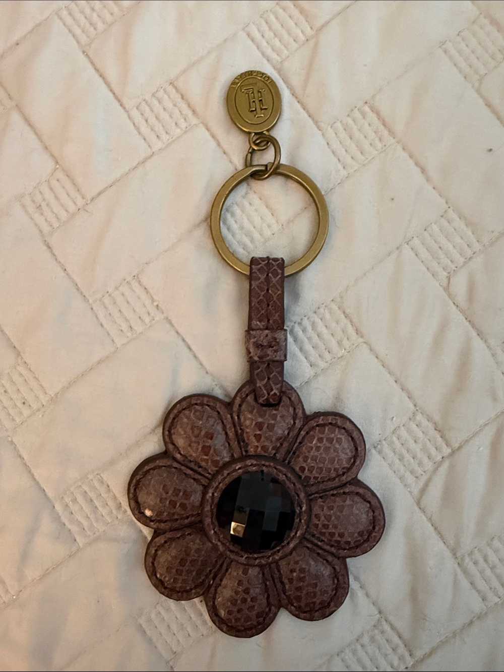 Faux-Snakeskin Flower Keychain with Black Jewel Accent